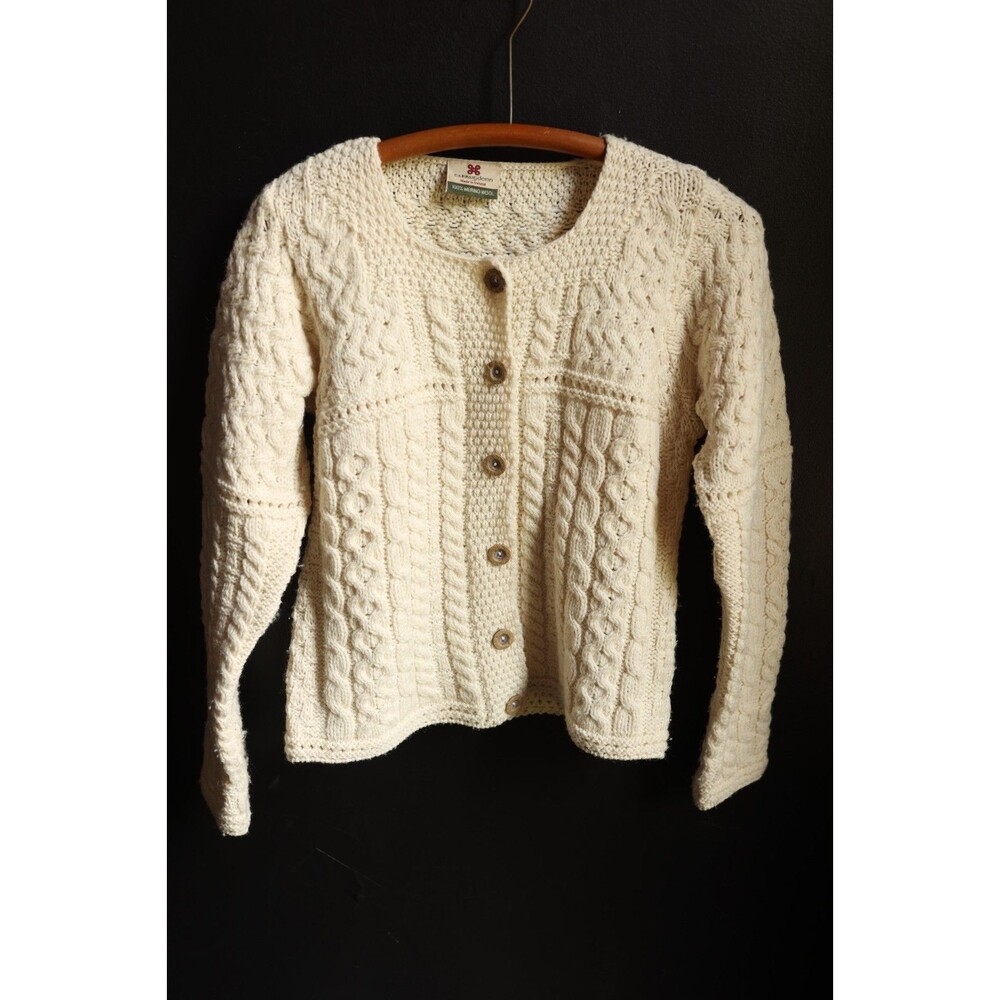 Vintage Carraig Donn Ivory Wool Knit Button Sweater Ireland Cable Knit Fisherman